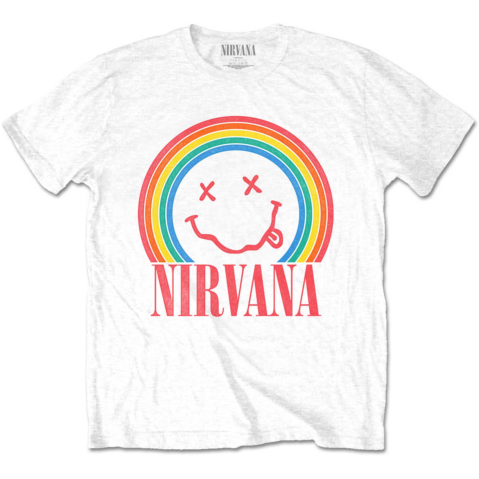 Nirvana Rainbow smiley logo tshirt, white. Unisex cut.