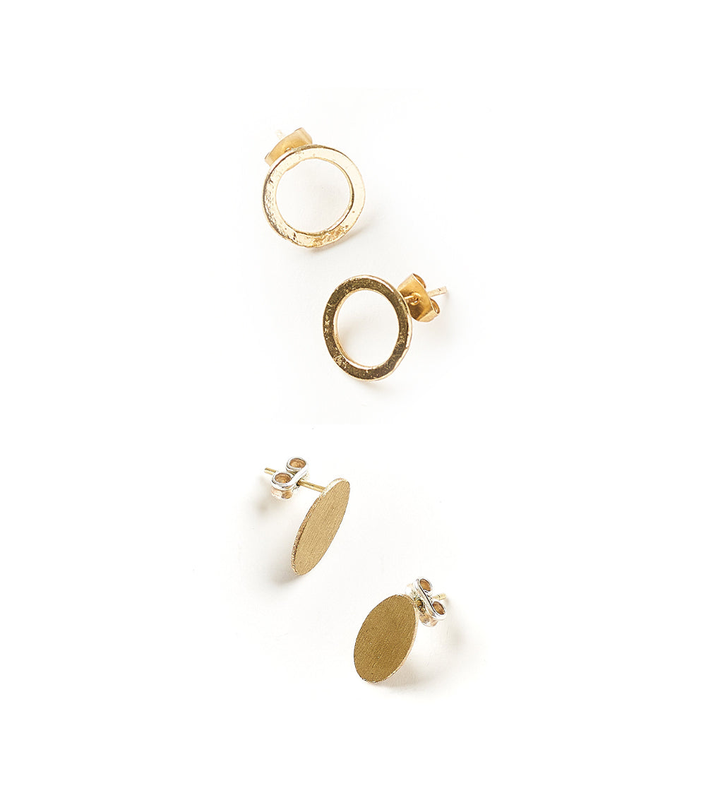 Diya style brass stud earrings in Circle and Oval shape, on white.