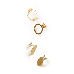 Diya style brass stud earrings in Circle and Oval shape, on white.
