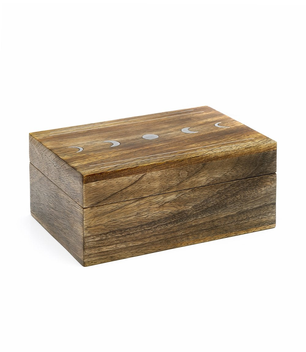 LUNA Moon Phases trinket wooden jewelry box, three quarter view. 
