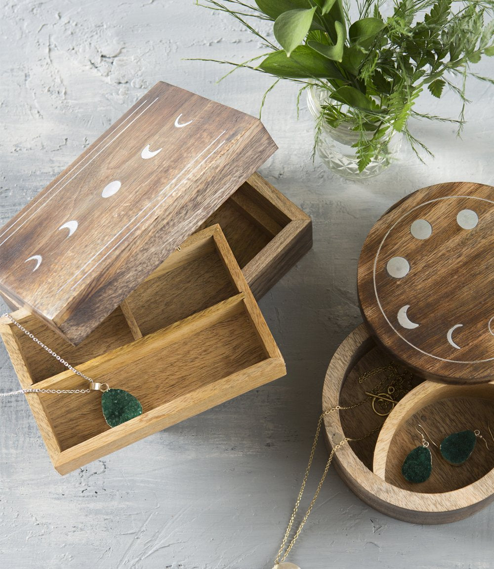 LUNA Moon Phases trinket wooden jewelry box, on counter with round box 