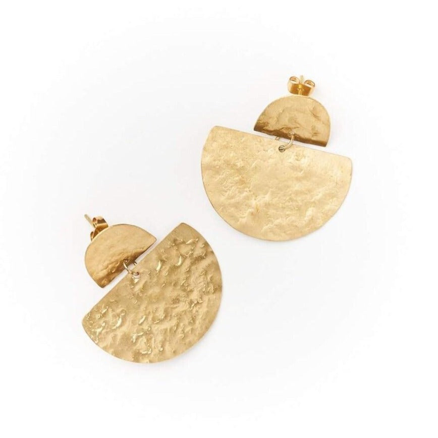 Matr Boomie Jayanti style gold stud earrings on white.