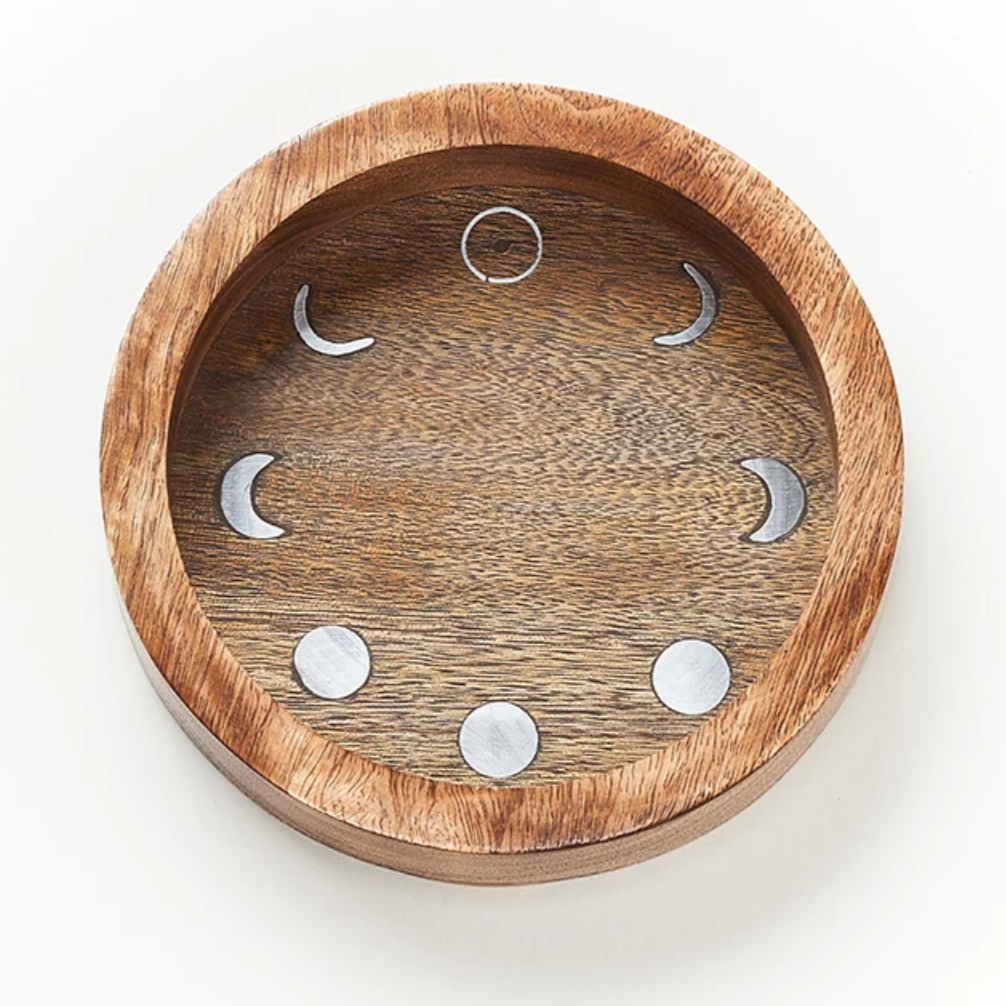 LUNA wooden tray with silver moon phases inlay design.