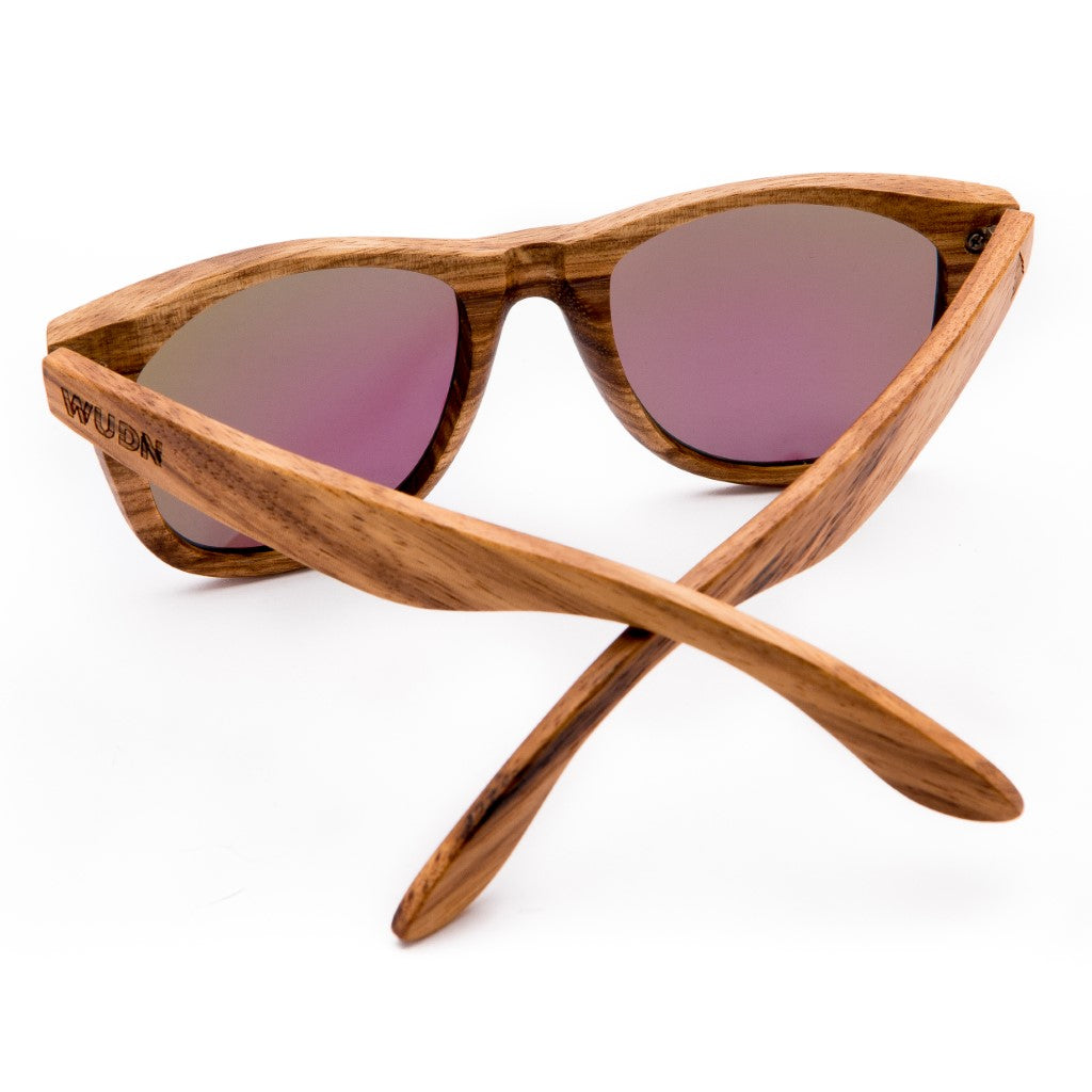 All wood sunglasses with blue mirrored lenses. Shown in back view.