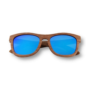 All wood sunglasses with blue mirrored lenses. Shown in front view with legs folded.