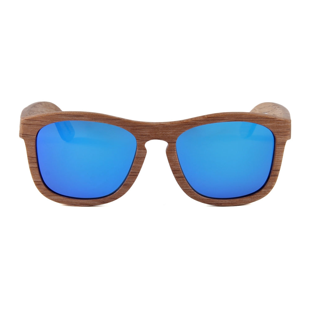 All wood sunglasses with blue mirrored lenses. Shown in front view.