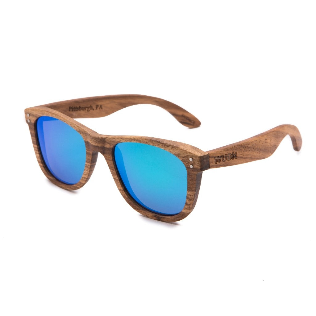 Zebra wood classic style sunglasses with blue mirrored polarized lenses