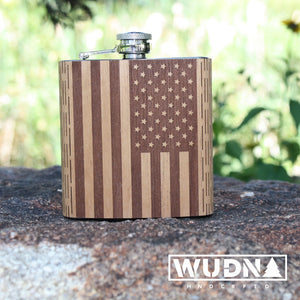 American flag wooden hip flask product shot outside.