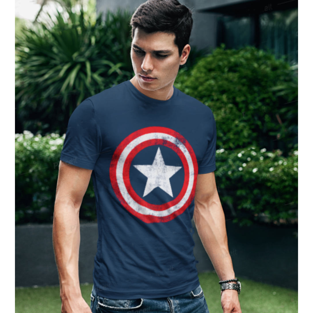 Hispanic man wears a Captain America shirt.