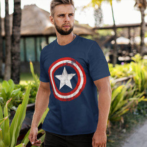 Man wears Captain America tshirt.