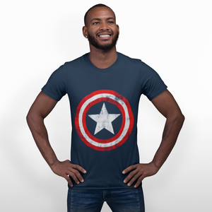 Smiling man wears Captain America tshirt.