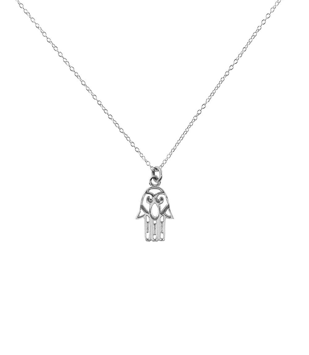 Sterling Silver charm of hamsa hand on necklace, from India.