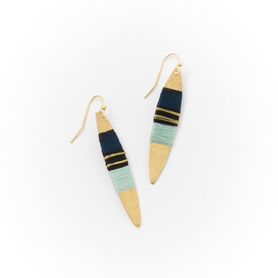 Striped gold drop earrings on white background.